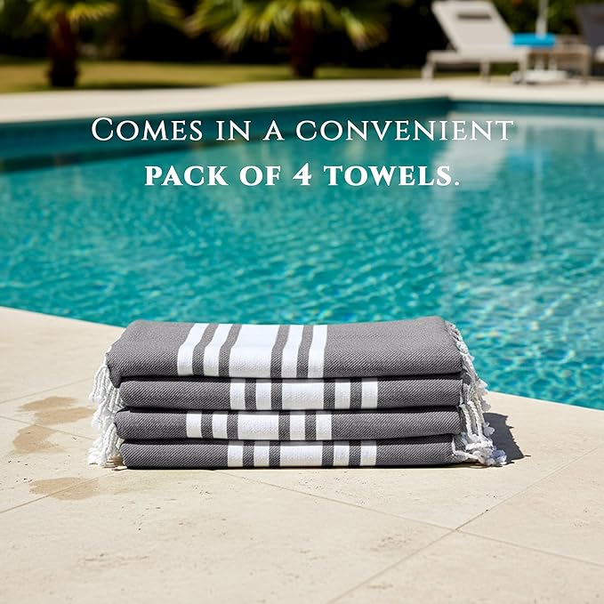 Turkish Cotton Beach Towel Pack of 4 & 1 Boho Tote Bag - Hammam Towels - No Shrink - Quick Dry - Lightweight - Sand Free - Camping - Pool - Tanning - Beach Essentials - Gray (40"x70")