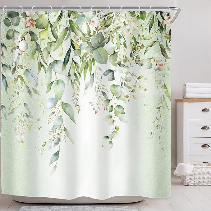 Riyidecor Colorful Floral Flowers Shower Curtain for Bathroom Decor 72Wx72H Spring Watercolor Leaves with Floral Plants Botanical Rustic Art Printed Fabric Polyester Waterproof 12 Pack Plastic Hooks