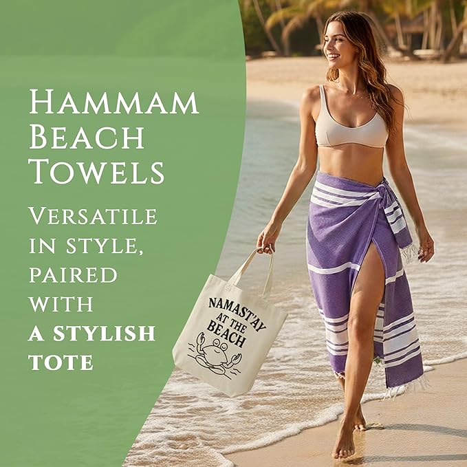 Turkish Cotton Beach Towel Pack of 4 & 1 Boho Tote Bag - Hammam Towels - No Shrink - Quick Dry - Lightweight - Sand Free - Camping - Pool - Tanning - Beach Essentials - Purple (40"x70")