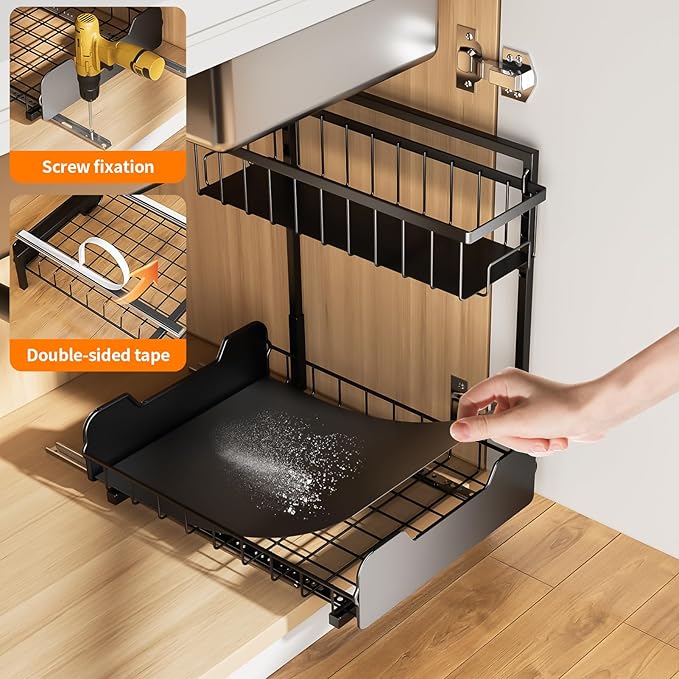Under Sink Organizer, 2-Tier L-Shaped Pull Out Cabinet Shelf with 2 Installation Methods, Adjustable Sliding Storage Drawer for Kitchen, Bathroom, Laundry, Metal, Black