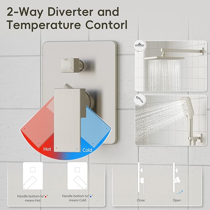 Gabrylly Shower System, Wall Mounted Shower Faucets Sets Complete for Bathroom with High Pressure 10" Rain Shower head and 3-Setting Handheld Shower Head Set, 2 Way Shower Valve Kit, Brushed Nickel
