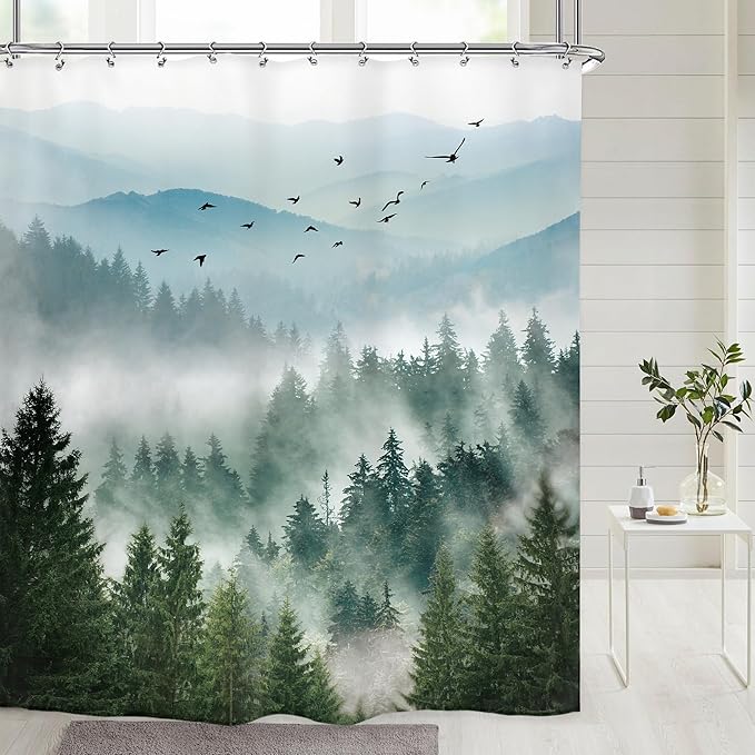 Riyidecor Green Mountain Shower Curtain 72Wx72H Inch Nature Scenery Foggy Pine Tree Scenic Woodland Greenery Landscape Mens Bathroom Decor Fabric Polyester Waterproof 12 Pack Hooks