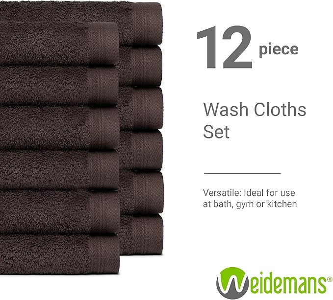 100% Cotton Washcloths Set 13” x 13” | Chocolate Towels | Set of 12 Ultra Soft and Highly Absorbent Washcloths Sets for Bathroom, Gym, Spa | Machine Washable Face Towel