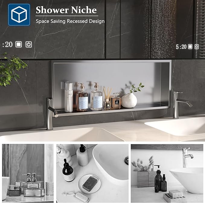 Neodrain 30X12Inch Recessed Brushed Shower Niche, Stainless Steel Bathroom Wall Niche NO Tile Needed Shower Cabinet Cubby for Bathroom Storage Built-in Wall
