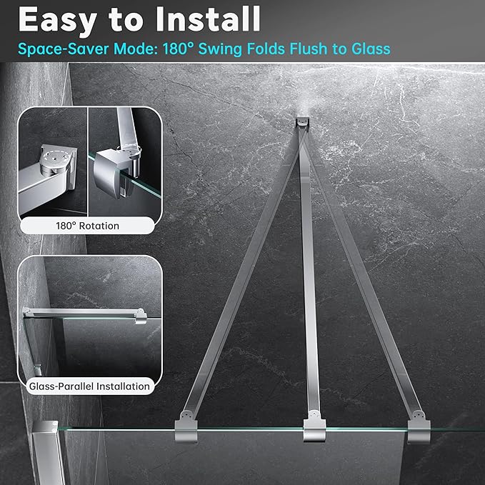 Frameless Shower Door Support Bar, Stainless Steel Wall-to-Glass Support Arm to Fixed Shower Glass Panel, for 1/4"-3/8" (6-10 mm) Door, 180° Pivot & Stow-Flat Mode (Chrome, 35.4-inch(900mm))