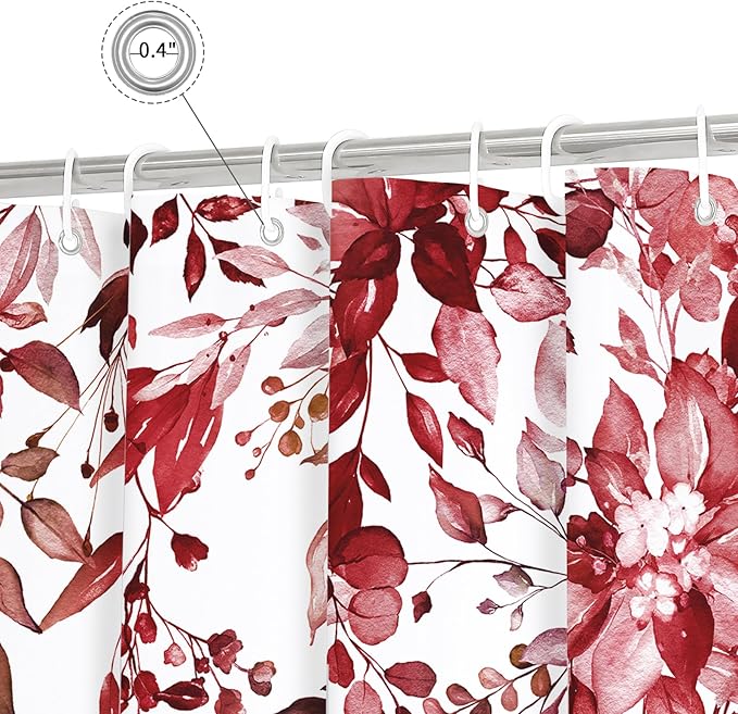 Gibelle Long Shower Curtain 72 x 78, Tall Burgundy Red Floral Shower Curtain for Bathroom, Watercolor Plant Eucalyptus Leaves Fabric Shower Curtain Set