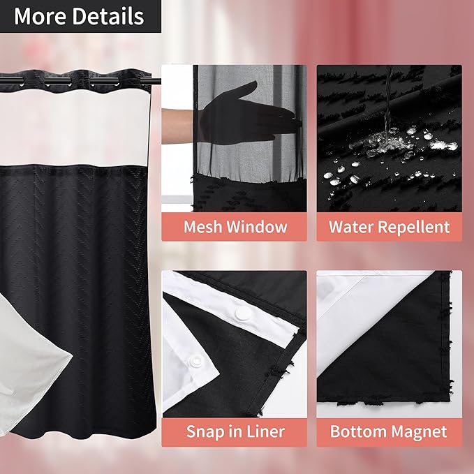 Hookless Shower Curtain with Snap in Liner 71" x 74" Double-Layer Waterproof Polyester Shower Curtain for Bathroom or Hotel Use,Removable Liner,Magnetic Hem,Large Rings,Machine Washable,Black