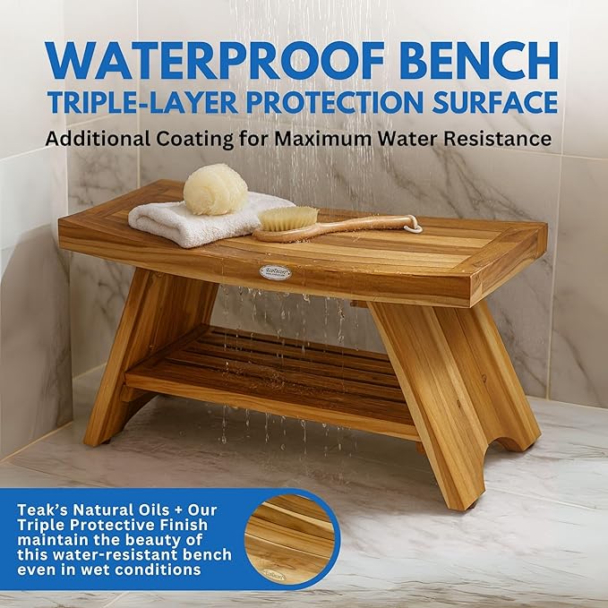 EcoDecors 30 Inch Serenity Teak Shower Bench – Waterproof Bathroom Seat with Large Storage Shelf For Adults & Seniors | Spa-Style Teak Wood Stool with Non-Slip Feet, Elegant Finish, 300 Pound Capacity