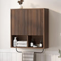 Bathroom Wall Cabinet, Fluted Wooden Medicine Cabinet Storage with 2 Doors, Adjustable Shelf and Towels Bar, Modern Wall Mount Large Floating Cabinet for Kitchen Laundry Room Brown