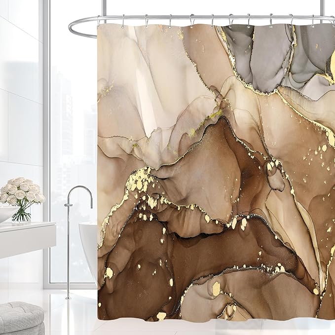Extra Long Shower Curtain 72 x 84 Inch, Brown Tall Abstract Marble Shower Curtains for Bathroom, Modern Luxury Art Decor Ink Texture Fabric Shower Curtain Set with Hooks