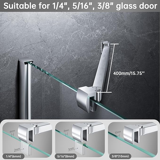 Frameless Shower Door Support Bar, Stainless Steel Wall-to-Glass Support Arm to Fixed Shower Glass Panel, for 1/4"-3/8" (6-10 mm) Door, 180° Pivot & Stow-Flat Mode (Chrome, 15.8-inch(400mm))