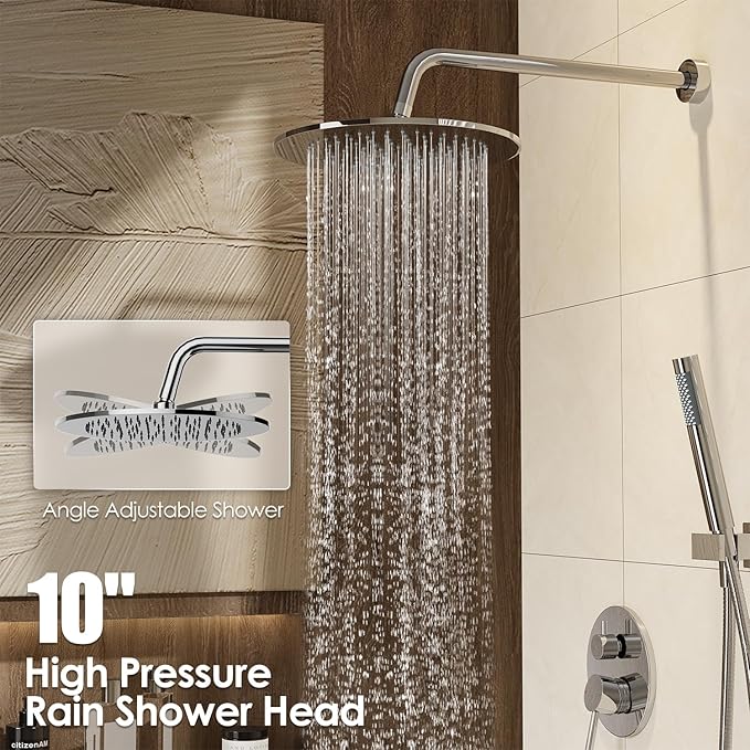 Gabrylly Shower System with Tub Spout, Bathtub Shower Faucets Set with 3-Way Shower Valve, High Pressure 10" Rain Shower head with Handheld Spray Combo, Wall Mounted Rainfall Shower Head Set, Chrome