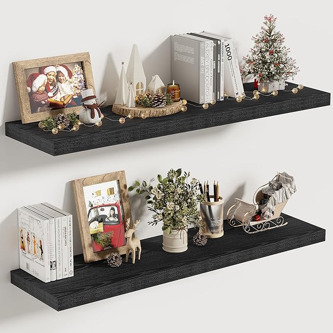 Vivelove 30 Inches Floating Shelves Wall Mounted, 10" Deep Wall Shelves for Bedroom, Bathroom, Living Room, Kitchen, Office, Home Decor, Modern Shelf, Set of 2, Black, 30x10.2x1.5