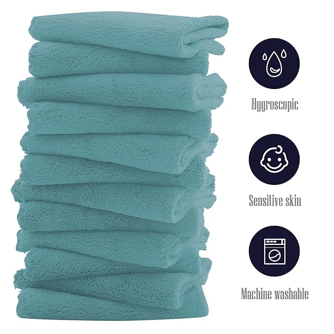 16 Pack Baby Washcloths - Luxury Coral Fleece - Extra Absorbent and Soft Wash Clothes for Newborns, Infants and Toddlers - Suitable for Sensitive Skin and New Born - Baby Shower - Teal, 10x10 Inch