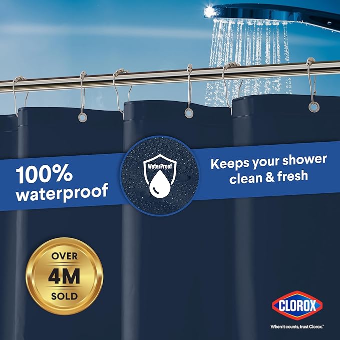 CLOROX Shower Curtain Liner, Premium Colored Medium-Weight Durable Waterproof 6g PEVA for Bathroom with Weighted Magnets, Standard Size 72" x 72", Blue