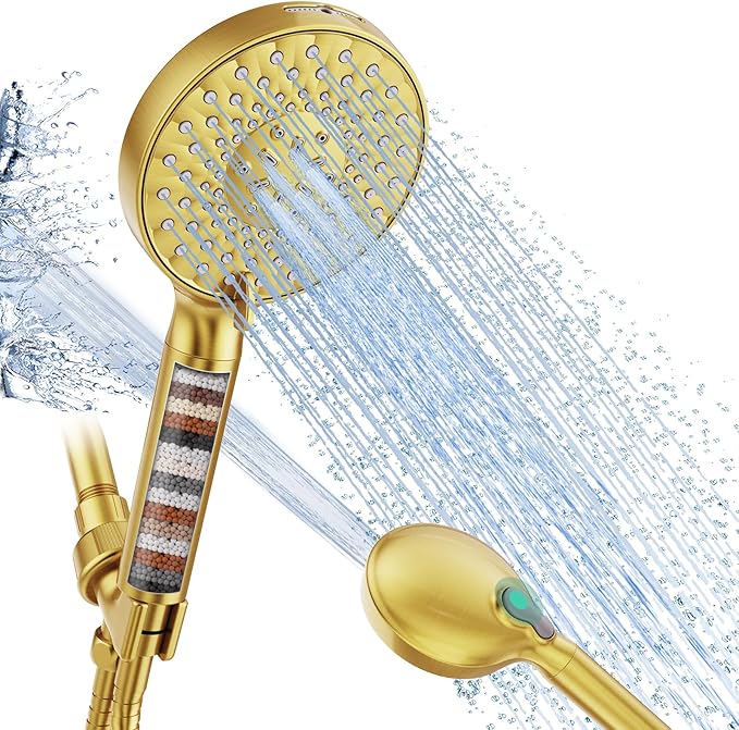 Filtered Shower Head with Handheld, High Pressure 9 Spray Mode Brushed Gold Showerhead with Filters, Detachable Shower Head, Water Softener Filters Beads for Hard Water - Remove Chlorine