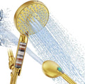 Filtered Shower Head with Handheld, High Pressure 9 Spray Mode Brushed Gold Showerhead with Filters, Detachable Shower Head, Water Softener Filters Beads for Hard Water - Remove Chlorine