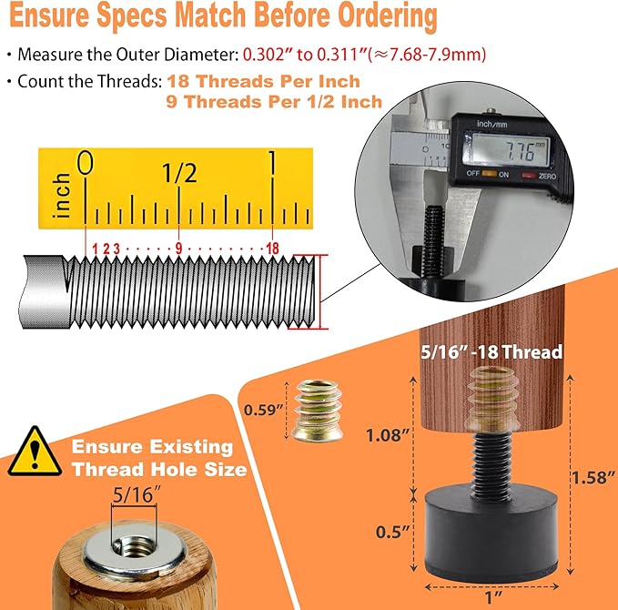 5/16 Rubber Adjustable Furniture Leveler，8 Pack Leveling Feet Screws in Threaded, Feet Levelers Screw On Furniture Glide Leveling for Table, Chair, Furniture Legs