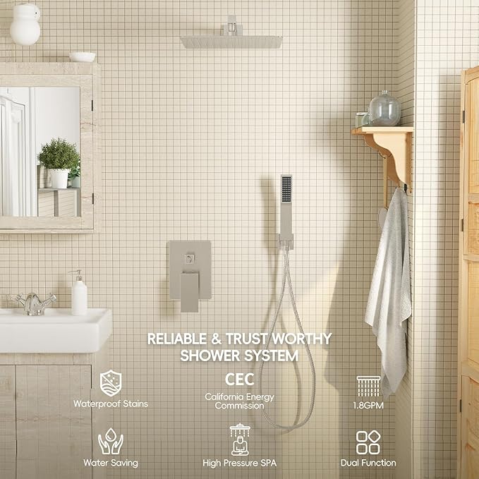 Brushed Nickel Shower System, Shower Faucet Set with 12 Inch Rain Shower Head and Handheld, Wall Mounted High-Pressure Shower Head Combo Set with Shower Valve and Shower Trim, Brushed Nickel