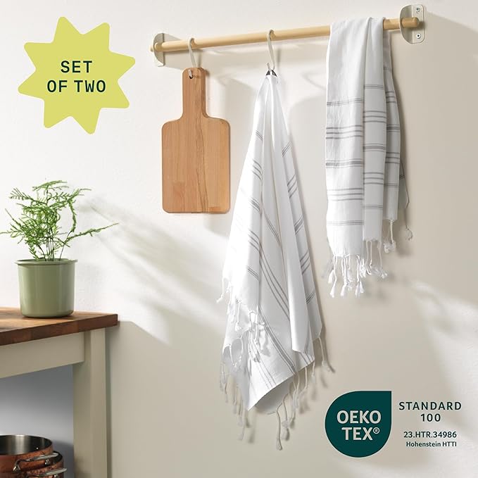 WETCAT Turkish Hand Towels with Hanging Loop, Set of 2 (20" x 30") 100% Turkish Cotton, Pre-Washed, Quick Drying, for Kitchen or Bathroom - Grey & White