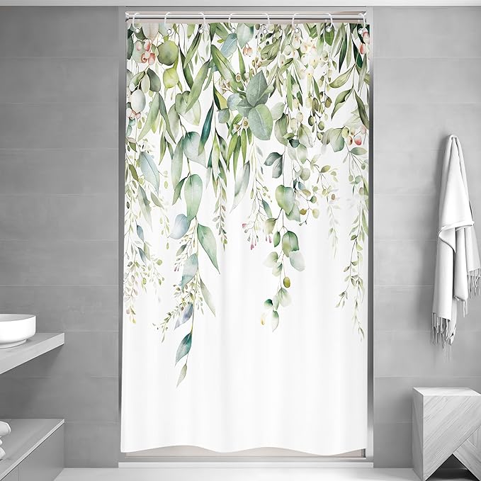 Riyidecor Small Stall Narrow Shower Curtain for Bathroom Decor 48Wx72H Sage Green Eucalyptus Leaves Plants Botanical Spring Floral Art Printed Fabric Polyester Waterproof