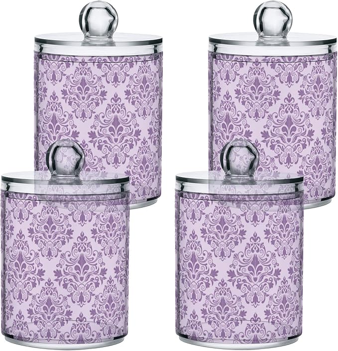 MNSRUU 2 Pack Qtip Holder Organizer Dispenser Purple Morden Floral Bathroom Storage Canister Cotton Ball Holder Bathroom Containers for Cotton Swabs/Pads/Floss