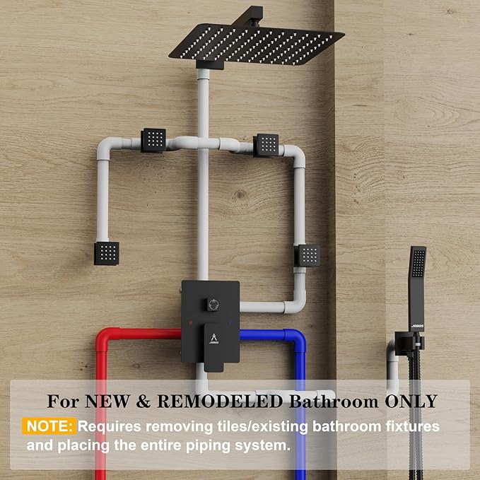 Shower System 12IN Modern Rain Brass Faucet Set With Valve and Diverter Shower Mixer With Handheld High Pressure Square Rainfall Shower Valve (12'' Wall Mount 4 Body Jet, Matte Black)
