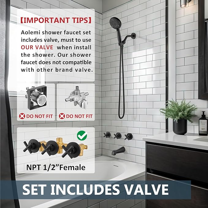 Aolemi 3 Handles Tub Shower Faucet Set with Valve Bathtub Combo Set Shower System Complete Trim Kit Wall Mounted Matte Black
