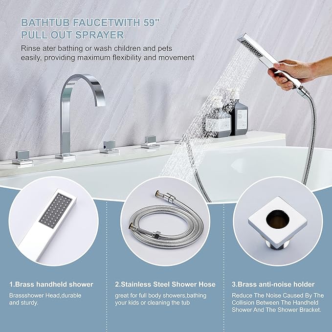 High Arc 5 Hole Roman Tub Filler with Handheld Showerhead Bathroom Widespread Waterfall Bathtub Faucet Set Deck Mounted, Chrome