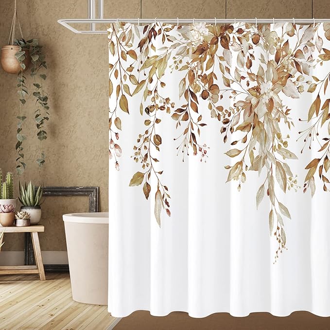 Gibelle Extra Long Shower Curtain 72 x 84, Brown Floral Shower Curtain for Bathroom, Watercolor Plant Eucalyptus Leaves Fabric Shower Curtain Set