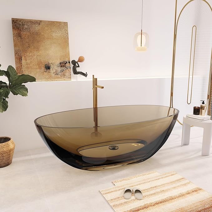 71" Premium Solid Surface Freestanding Bathtub, Upgraded Transparent Dark Brown Oval Resin Soaking Tubs with Pop-up Drain