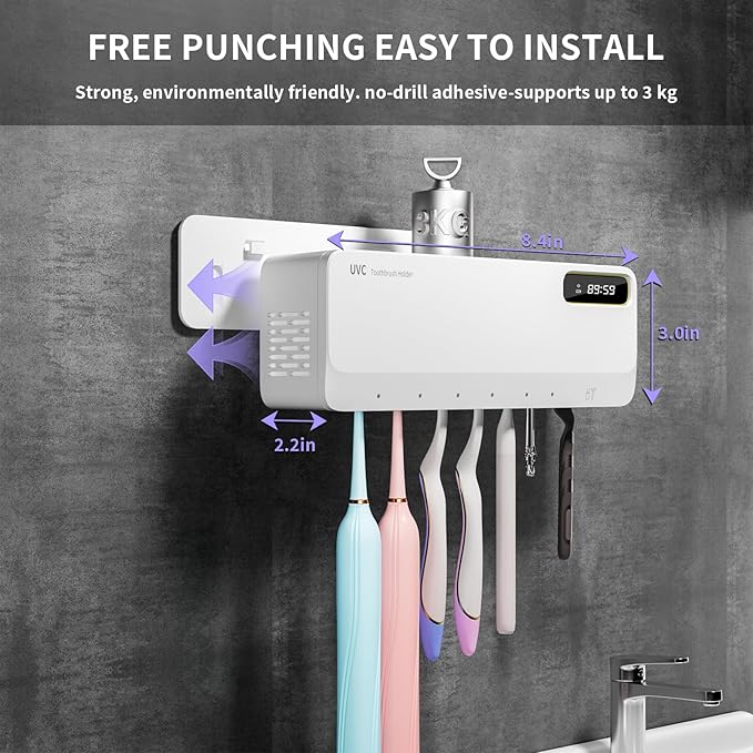 UV Toothbrush Sanitizer Holder for Bathrooms, 5+1+1 Slots Toothbrush Sanitizer and Holder, Rechargeable Cordless Wall Mounted Tooth Brush Holder with Heating Functions, No Drilling (White)