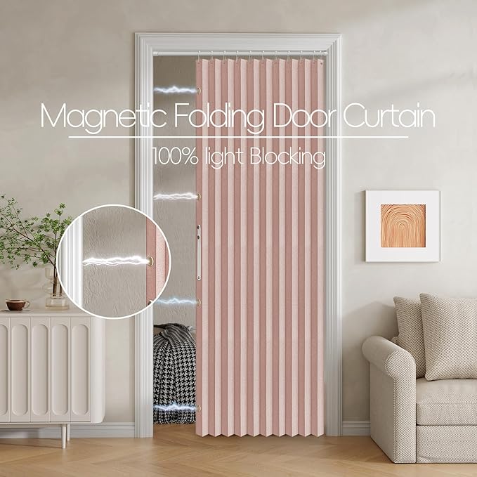 100% Blackout Fabric Folding Door Curtain with Magnetic Closure - Accordion Style for Sliding Doors, Closets,Wardrobe and Temporary Door Solutions Doorway Curtains（W42 x L78, Pink，1 Panel）