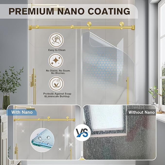 Frameless Glass Shower Door, 49-54" W x 76" H Sliding Frameless Shower Door, 1/4''(6mm) SGCC Tempered Glass, Explosion-Proof Film Nano Coating, Stainless Steel Hardware, Brushed Gold