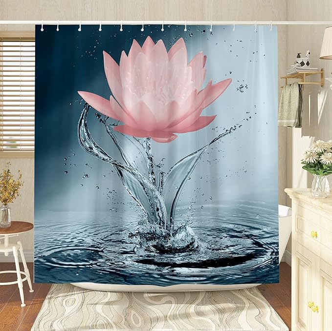 Lotus Shower Curtain Blue Red Flower Elegant Blooming Floral with Dew Spring Flower Reflection on Water Modern Romantic Polyester Fabric Bathroom Decor 70×78 Inch with Hook
