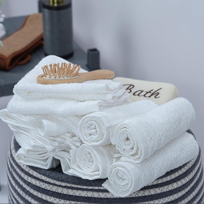 Tens Towels Pack of 12 Washcloths, 12 x 12 Inches, Lighter Weight, Quick to Dry, Super Soft & Absorbent, Gentle Face Towels, Hotel Quality, Perfect for Bathroom, Gym, Spa (White, 12 Pack)