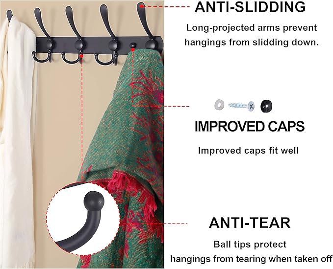 Dseap Coat Rack Wall Mounted - 5 Tri Hooks, Heavy Duty, Stainless Steel, Metal Coat Hook Rail for Coat Hat Towel Purse Robes Mudroom Bathroom Entryway,Grey