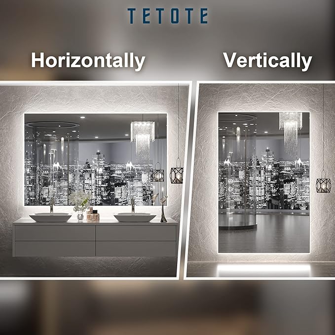TETOTE 48 x 30 Inch LED Mirror Backlit Bathroom,Anti-Fog Mirror with Light,Dimmable,CRI90+,IP54 Water Proof,Wall Mounted Vanity Lighted Mirror,Horizontal/Vertical