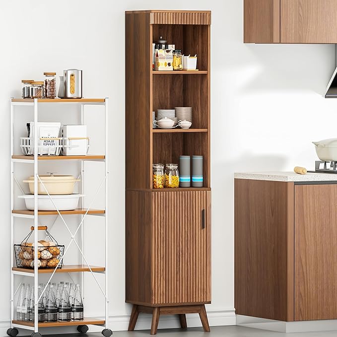 68" Tall Bathroom Storage Cabinet,Narrow Fluted Tower Cabinet with Door and Shelves,Slim Space Saving Storage Unit for Bathroom Kitchen Living Room (Walnut, 11.8" D x 15.75" W x 68" H)