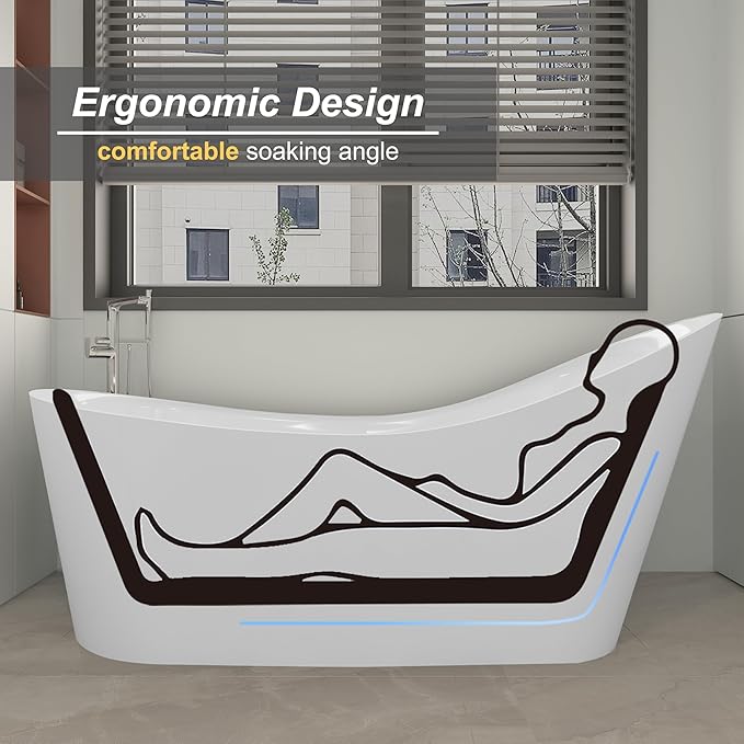 67" Freestanding Soaking Slipper Bathtub, WHALEKING Luxury Stand Alone Free Standing Deep Acrylic Tub with Chrome Overflow and Drain, Glossy White
