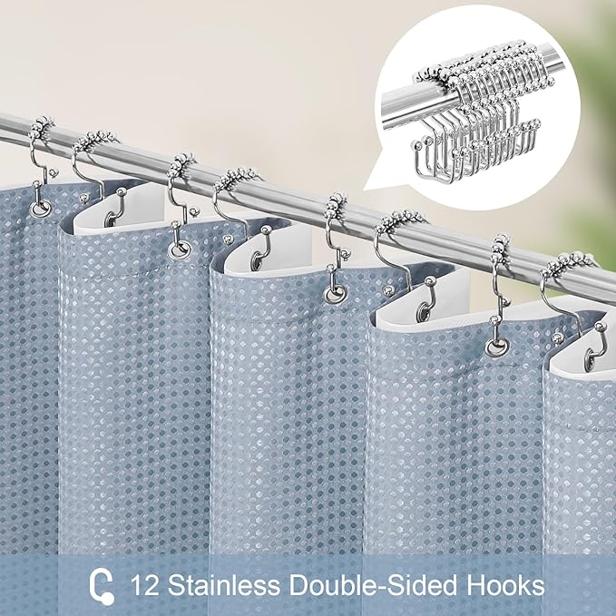 3 in 1 Stall Half Size Blue Shower Curtain Set-36 W x 72 H, Fog Blue Waffle Waterproof Fabric and PEVA Liner Set with Stainless Steel Hooks