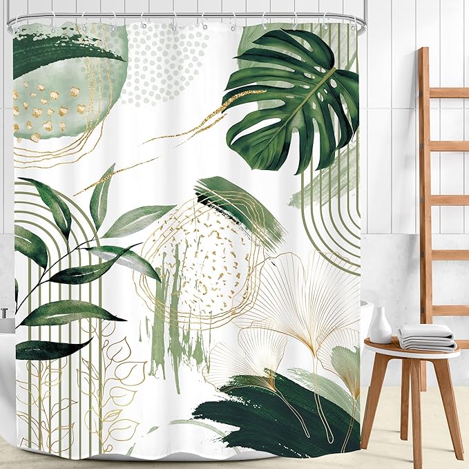 Green Boho Shower Curtain 72Wx96H Extra Long Sage Green Modern Mid Century Abstract Tropical Palm Leaves Bohemian Plant Bathroom Decor Minimalist Bath Curtain Fabric Polyester 12 Pack Hooks