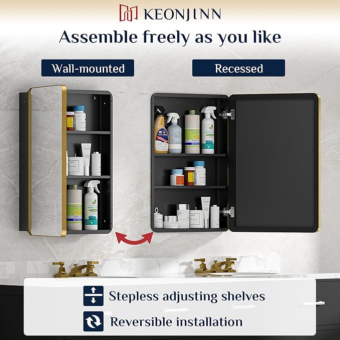 Keonjinn 20 x 32 Inch Gold Mirrored Medicine Cabinet, Recessed Medicine Cabinets for Bathroom, Dim Brushed Brass Stainless Steel Framed, Adjustable Shelves, in Wall or Surface Mount, Sturdy & Heavy