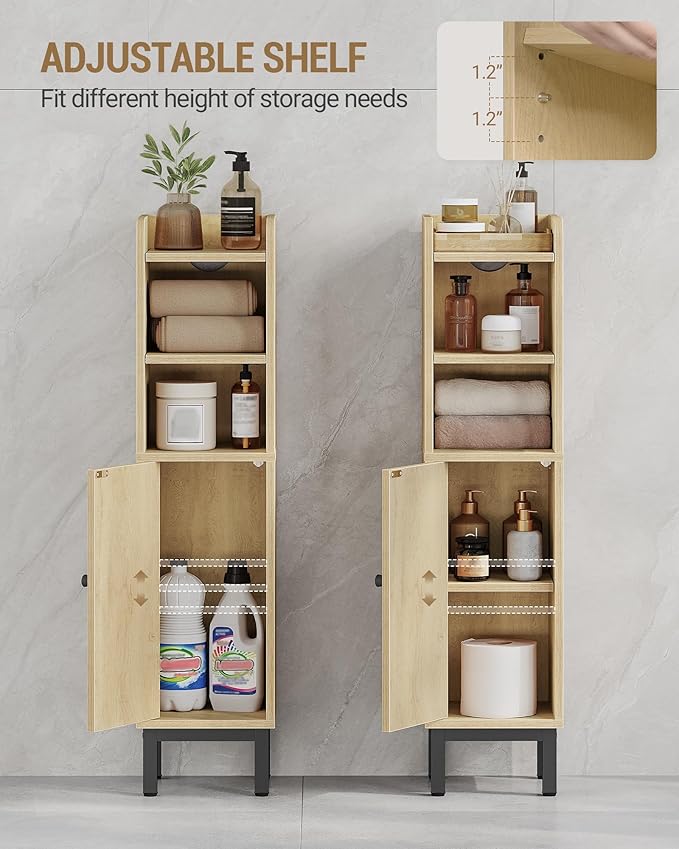 Bathroom Storage Cabinet, Small Corner Floor Cabinet with Door and Shelves, Narrow Toilet Paper Holder, Bathroom Organizer with Adjustable Shelf, for Small Spaces, Yellow BC08202B