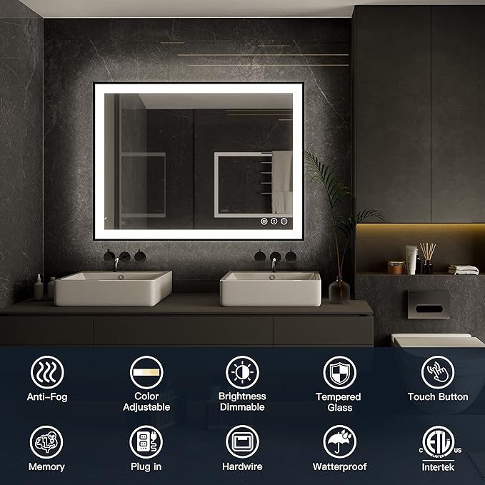 ISKM Framed LED Mirror for Bathroom 32"x32", Dimmable LED Bathroom Mirror with Lights, Anti-Fog, Front and Backlit Lighted Mirror 3-Colors, Shatterproof, Memory Function