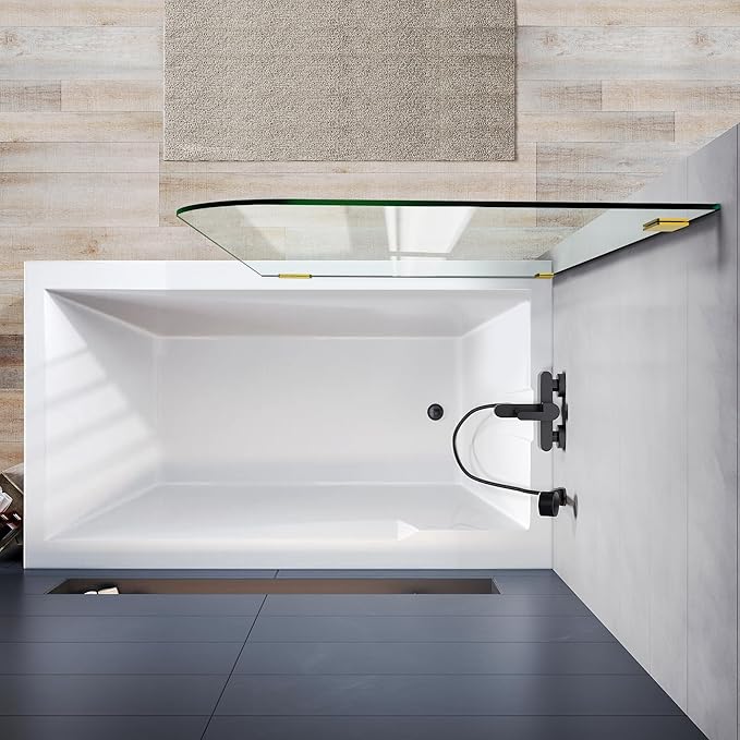 Frameless Bathtub Shower Door, 34" W X 58" H Single Fixed Bath Panel with Clamps, 1/4"(6mm) Clear Tempered Glass Bathroom Shower Screen, Bathtub Glass Panel in Brushed Gold