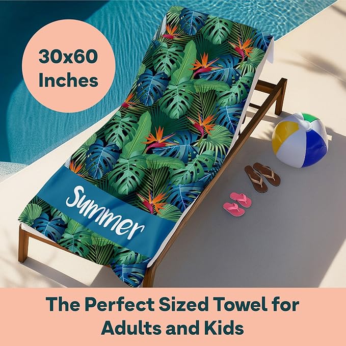 Ships Next Day - Personalized Beach Towel for Kids & Adults - Printed in USA - Custom Towels with Picture and Text - Quick Dry Pool Towels - Cotton/Poly Blend - 30" x 60" - Tropical Hawaiian