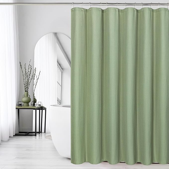 Gibelle Extra Long Shower Curtain 72 x 84, Tall Waffle Weave Textured Fabric Shower Curtain for Bathroom, Water Repellent, Machine Washable, Sage Green