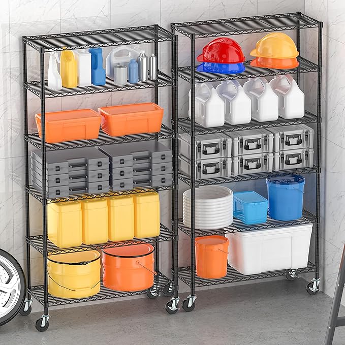 6 Tier Storage Shelves with Wheels Heavy Duty Wire Rolling Shelving Rack Organizer Garage Metal Steel Unit Adjustable Utility Commercial Sturdy Shelves for Kitchen Pantry Bathroom Closet Laundry