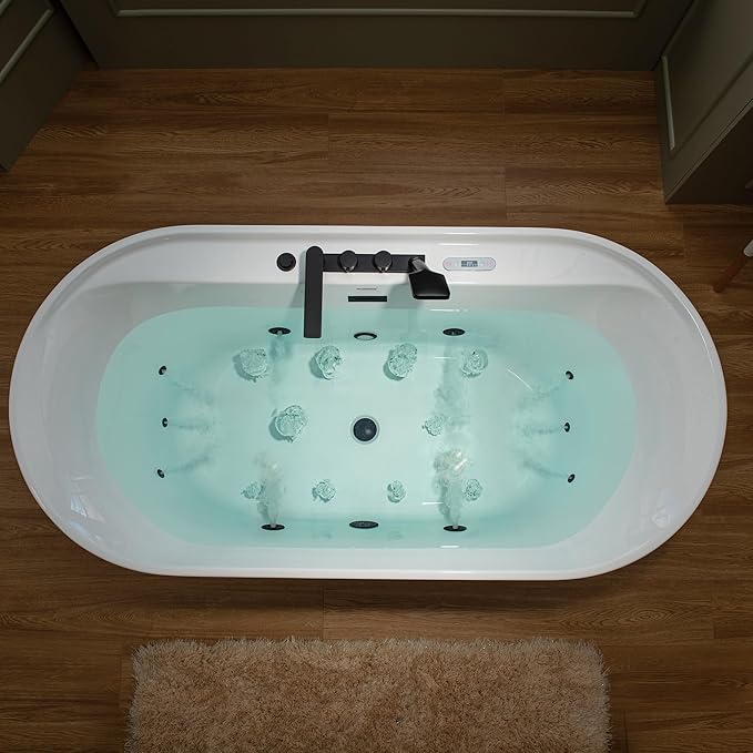 WOODBRIDGE 72" x 35-3/8" Whirlpool and Air Bath Heated Soaking Combination Tub with Adjustable Speed Air Blower, Tub Filler, and LED control panel, Matte Black Finish Trim and Drain Kit, BM500+F0051MB